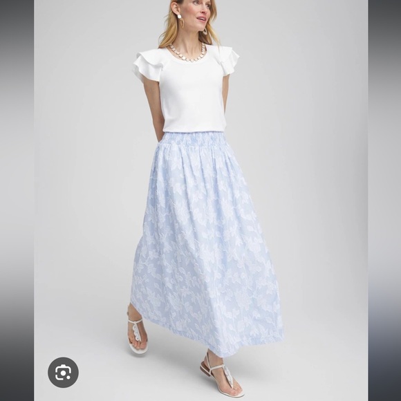 Chico's Dresses & Skirts - 🌸 NEW Chico’s Size 8 Smocked A-Line Maxi Skirt Blue White Floral Jacquard NWT